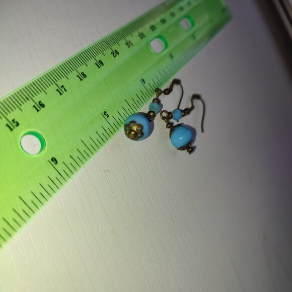 Azure Boho Earrings Dangles Hooks Beaded Blue Academia Anque Gold Metal Tone - Picture 5 of 5